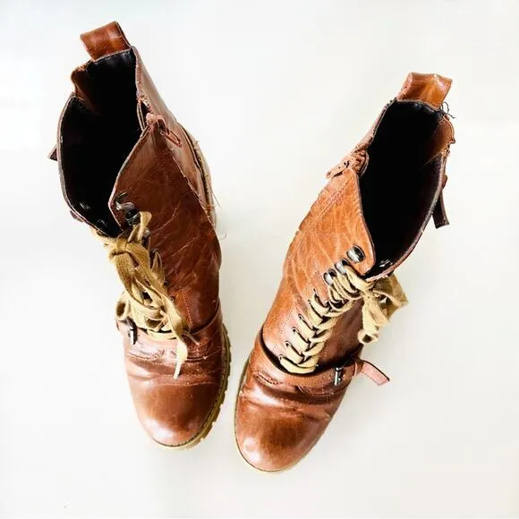 ANTHROPOLOGIE Brown Tan Lace Up Combat Booties Ankle Boot Buckle Zipper Heels 9