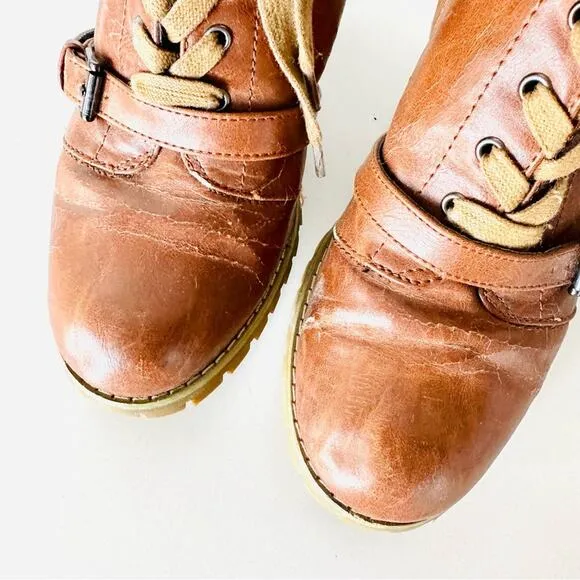 ANTHROPOLOGIE Brown Tan Lace Up Combat Booties Ankle Boot Buckle Zipper Heels 9