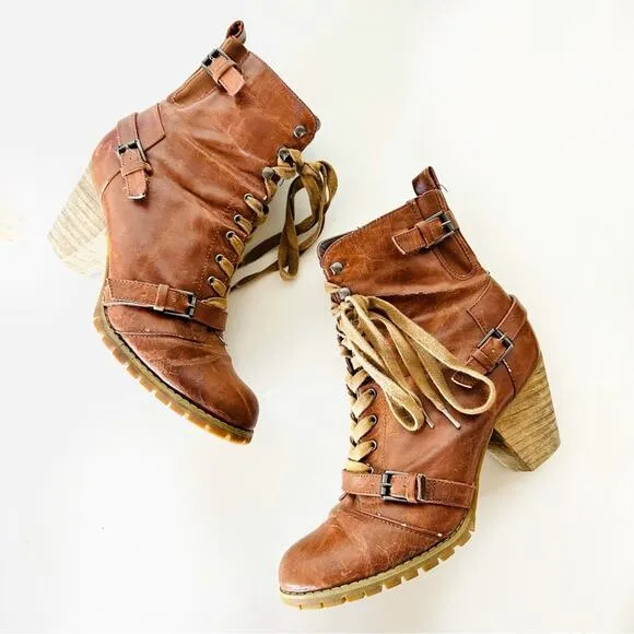 ANTHROPOLOGIE Brown Tan Lace Up Combat Booties Ankle Boot Buckle Zipper Heels 9