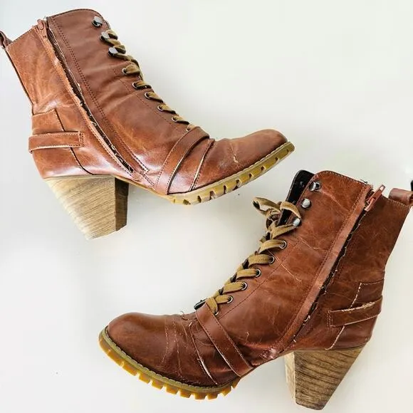 ANTHROPOLOGIE Brown Tan Lace Up Combat Booties Ankle Boot Buckle Zipper Heels 9