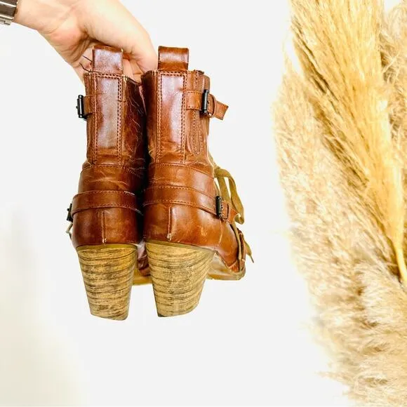 ANTHROPOLOGIE Brown Tan Lace Up Combat Booties Ankle Boot Buckle Zipper Heels 9