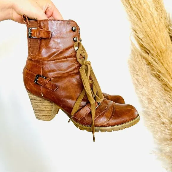 ANTHROPOLOGIE Brown Tan Lace Up Combat Booties Ankle Boot Buckle Zipper Heels 9
