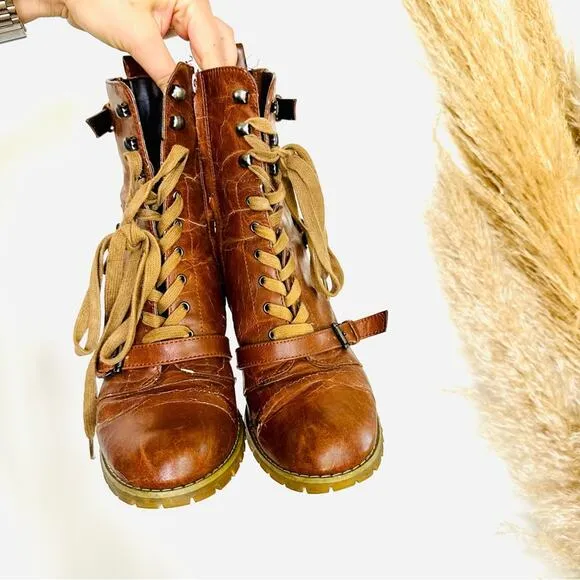 ANTHROPOLOGIE Brown Tan Lace Up Combat Booties Ankle Boot Buckle Zipper Heels 9