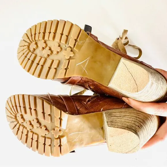 ANTHROPOLOGIE Brown Tan Lace Up Combat Booties Ankle Boot Buckle Zipper Heels 9
