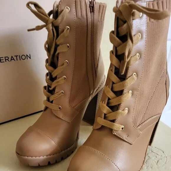 BCBGeneration Women's Brown 1-1/2&quot; Platform Stretch Pila zip up boots Sz 7.5 NIB