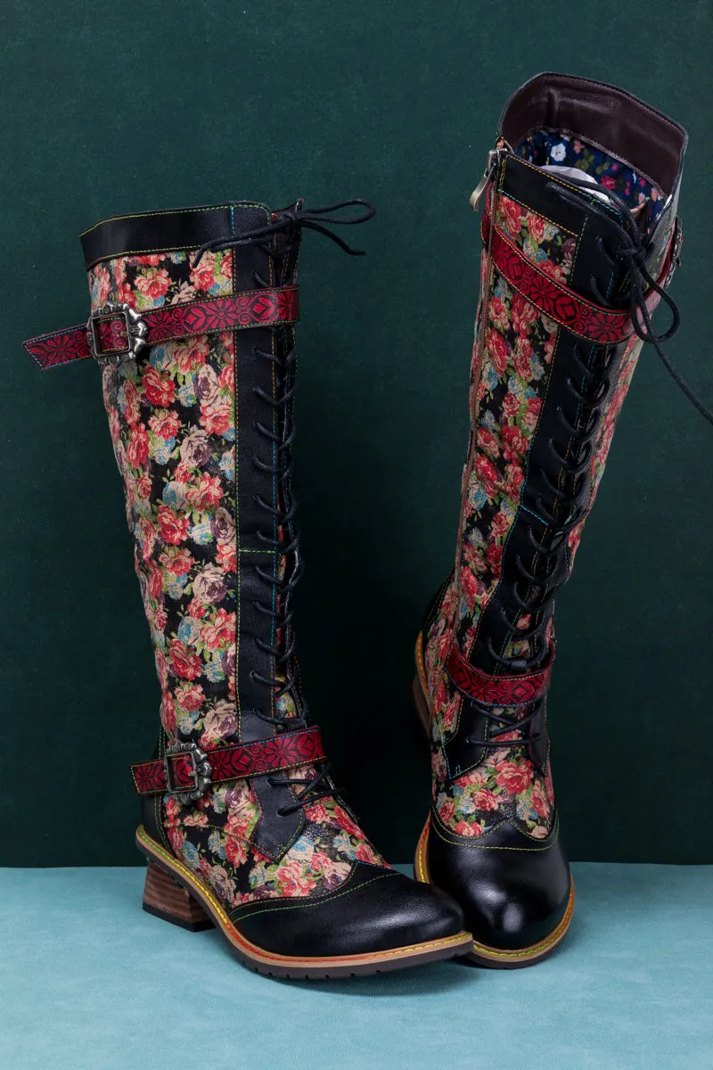 Blooming Floral Tie-Accent Leather Knee High Boot