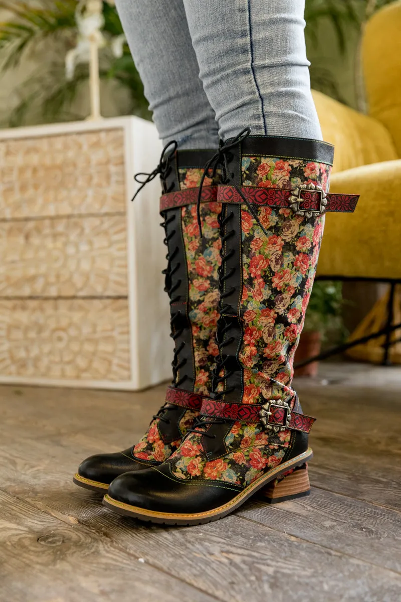 Blooming Floral Tie-Accent Leather Knee High Boot