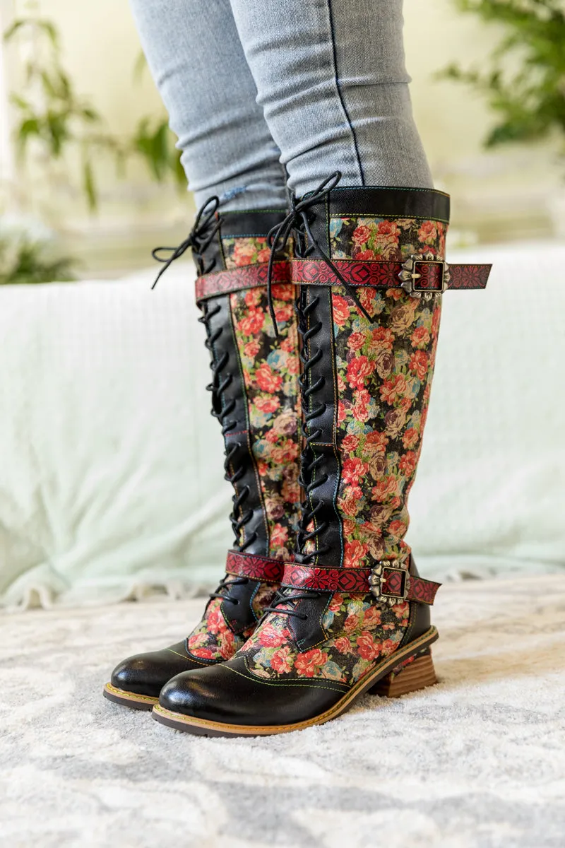 Blooming Floral Tie-Accent Leather Knee High Boot