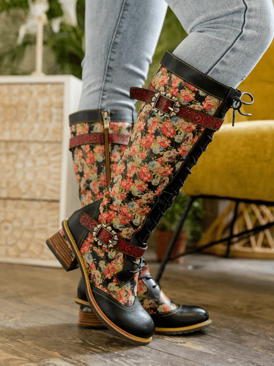 Blooming Floral Tie-Accent Leather Knee High Boot