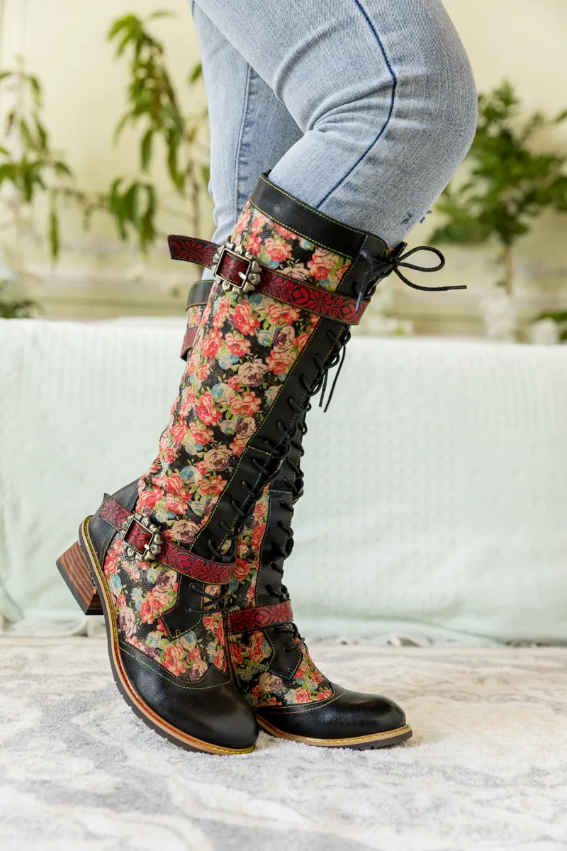 Blooming Floral Tie-Accent Leather Knee High Boot