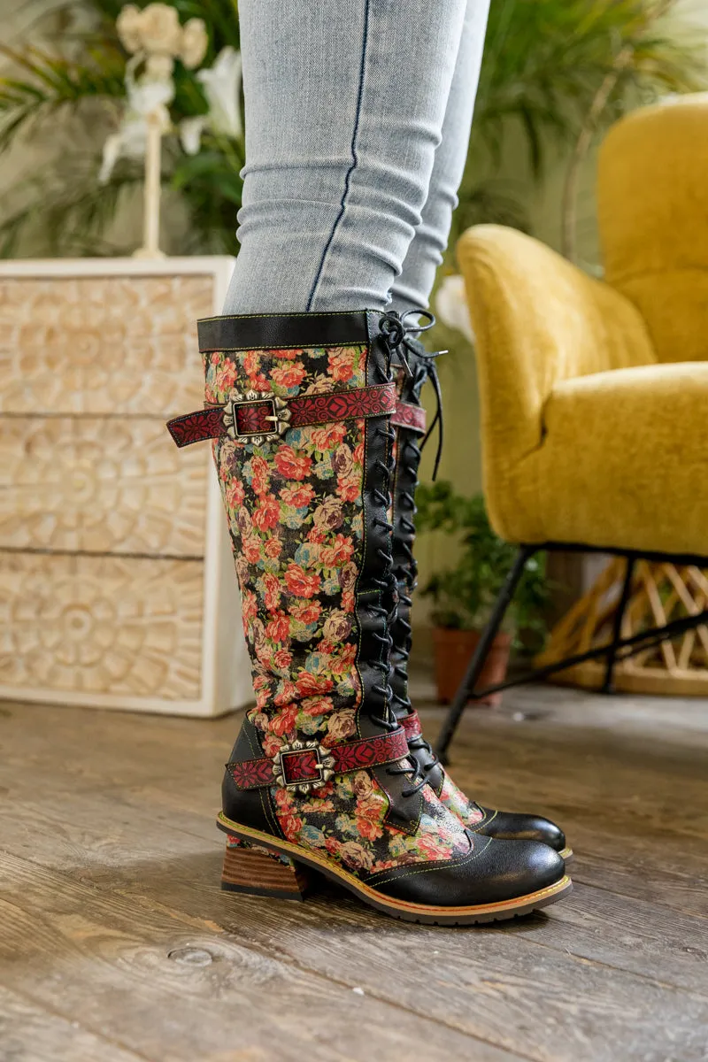 Blooming Floral Tie-Accent Leather Knee High Boot