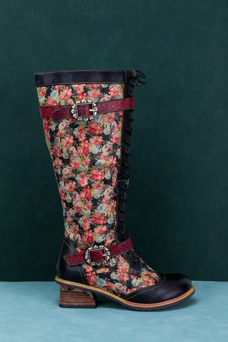 Blooming Floral Tie-Accent Leather Knee High Boot