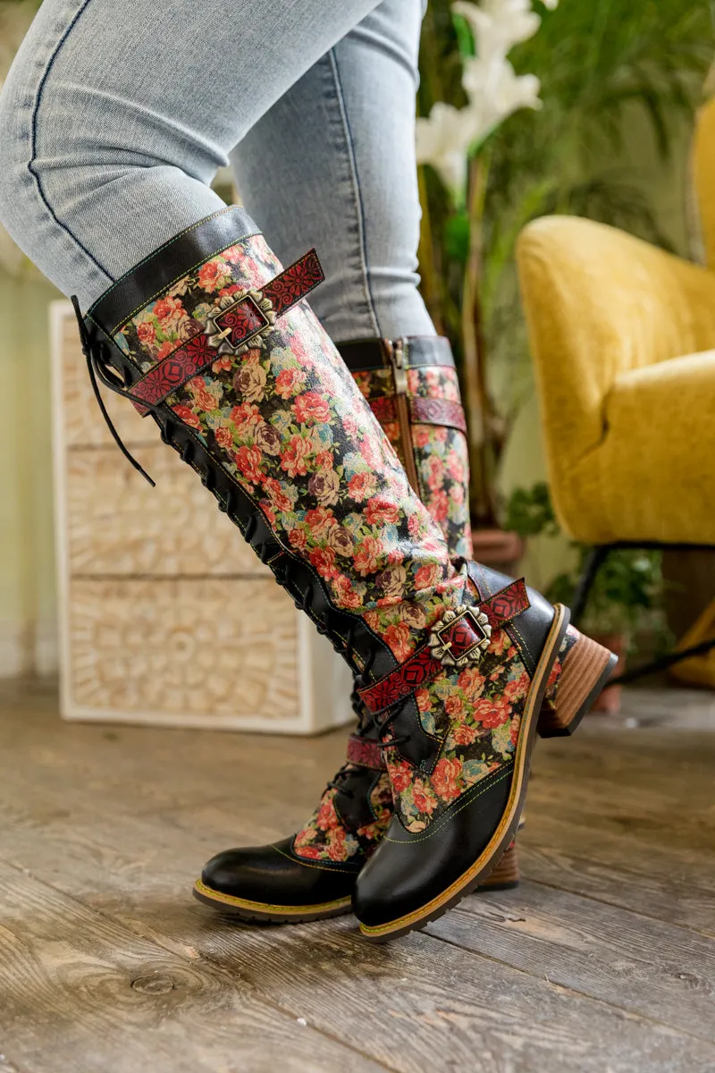 Blooming Floral Tie-Accent Leather Knee High Boot