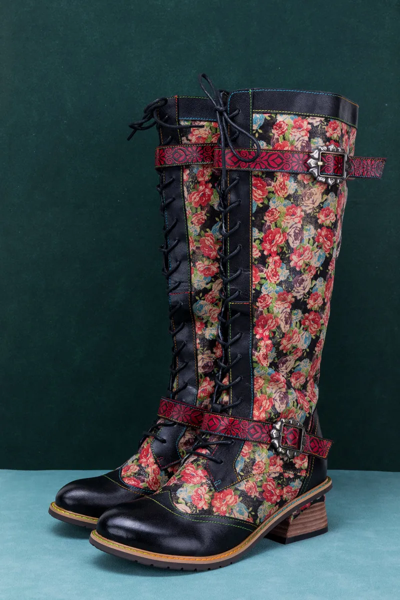 Blooming Floral Tie-Accent Leather Knee High Boot