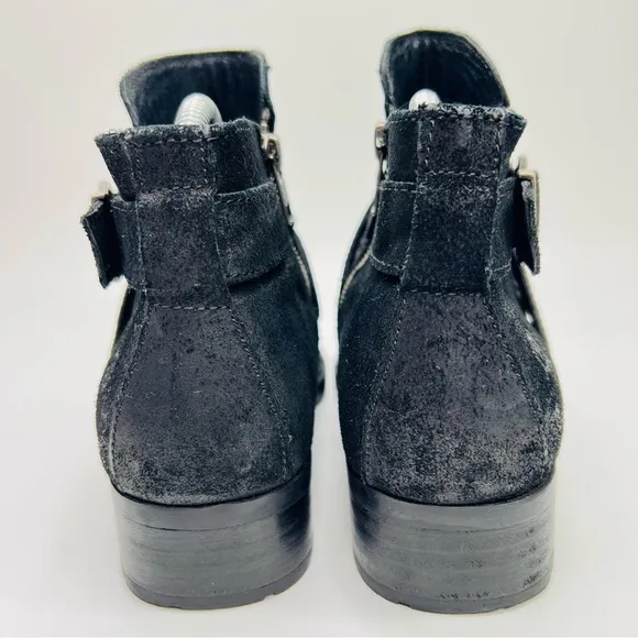 BORN Trinculo Black Distressed Suede Leather Cross Straps with Buckle Moto Boots