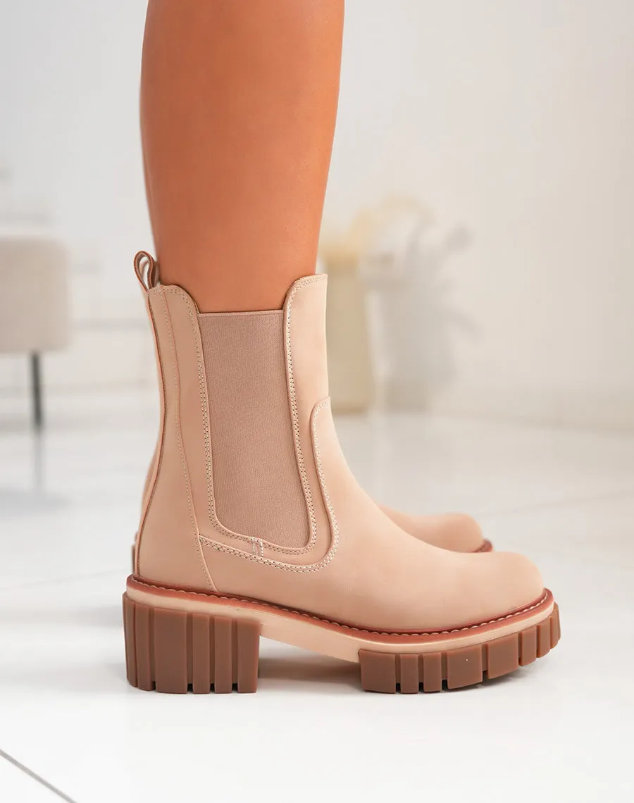 Bottines beige foncé à semelle marron et liseré camel