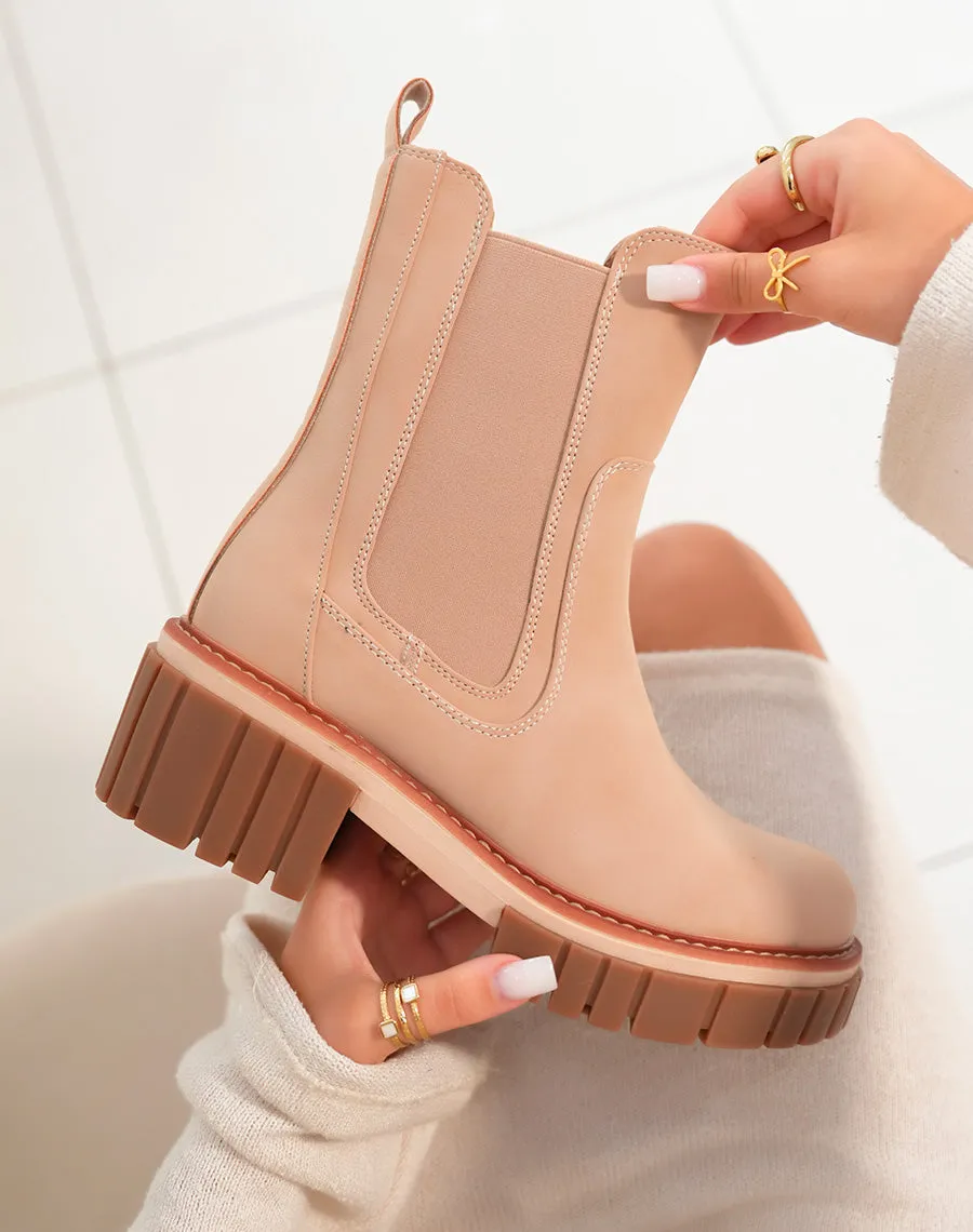 Bottines beige foncé à semelle marron et liseré camel