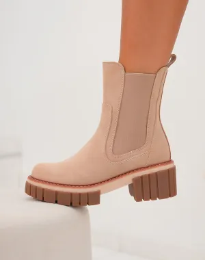 Bottines beige foncé à semelle marron et liseré camel