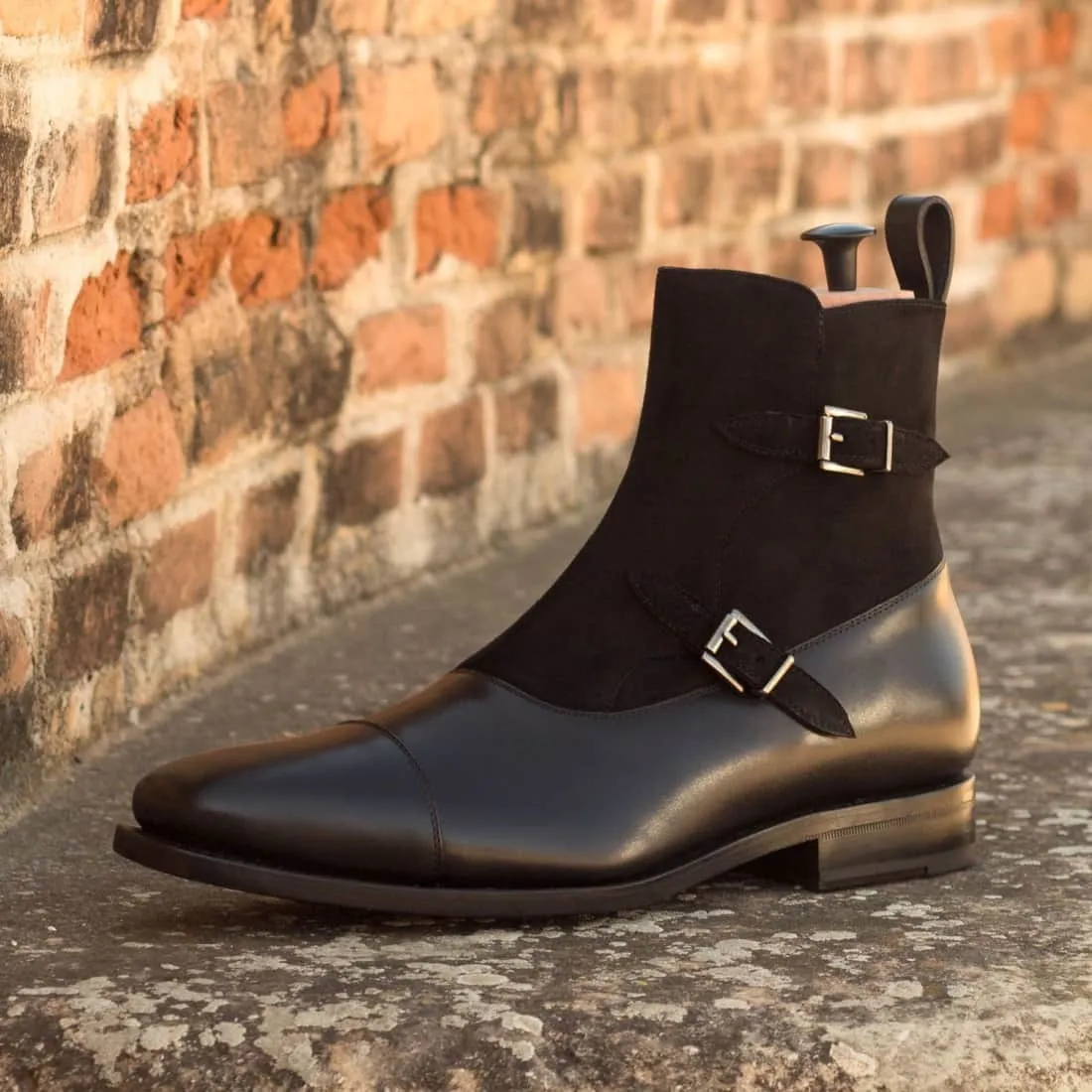 Bottines à Double Boucles en cuir et daim noir