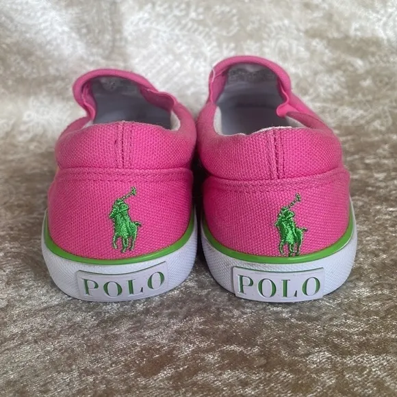 Brand New Polo Ralph Lauren Girls Pink Multicolor Pony Canvas Slip On Sneakers