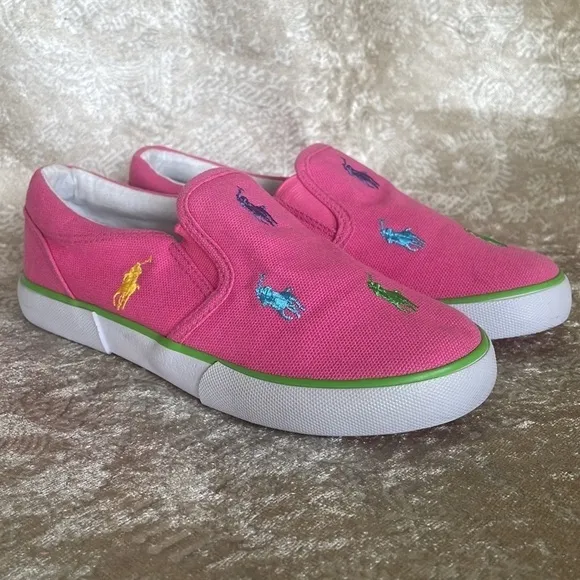 Brand New Polo Ralph Lauren Girls Pink Multicolor Pony Canvas Slip On Sneakers
