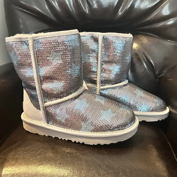 Brand New UGG Classic Short Sequin Star Denim Blue Boots - Youth Size 2