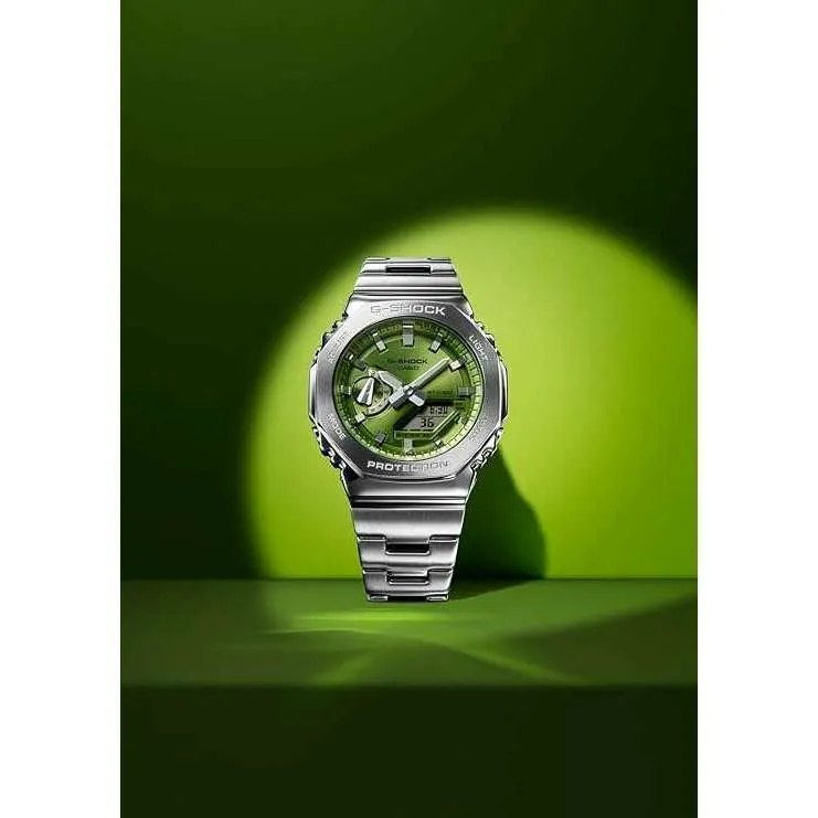 CASIO G-SHOCK DAY-DATE METAL BEZEL SILVER STRAP LIME GREEN DIAL MEN WATCH GM-2110D-3AJF