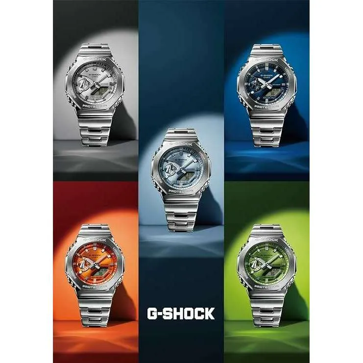 CASIO G-SHOCK DAY-DATE METAL BEZEL SILVER STRAP LIME GREEN DIAL MEN WATCH GM-2110D-3AJF