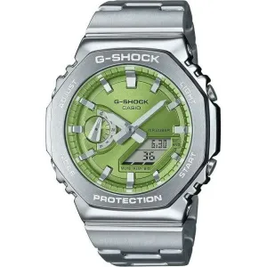 CASIO G-SHOCK DAY-DATE METAL BEZEL SILVER STRAP LIME GREEN DIAL MEN WATCH GM-2110D-3AJF