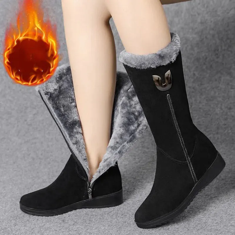 Chelsea High Fur Boots Winter Shoes for Women Chunky Mid-calf Plush Snow Flat Boots ZIP