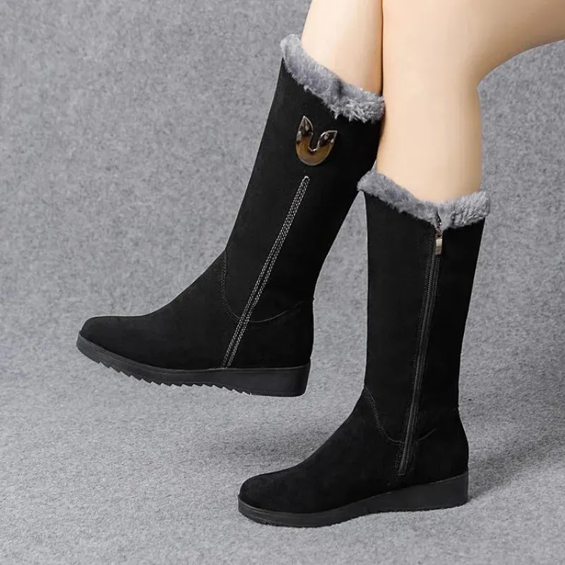 Chelsea High Fur Boots Winter Shoes for Women Chunky Mid-calf Plush Snow Flat Boots ZIP
