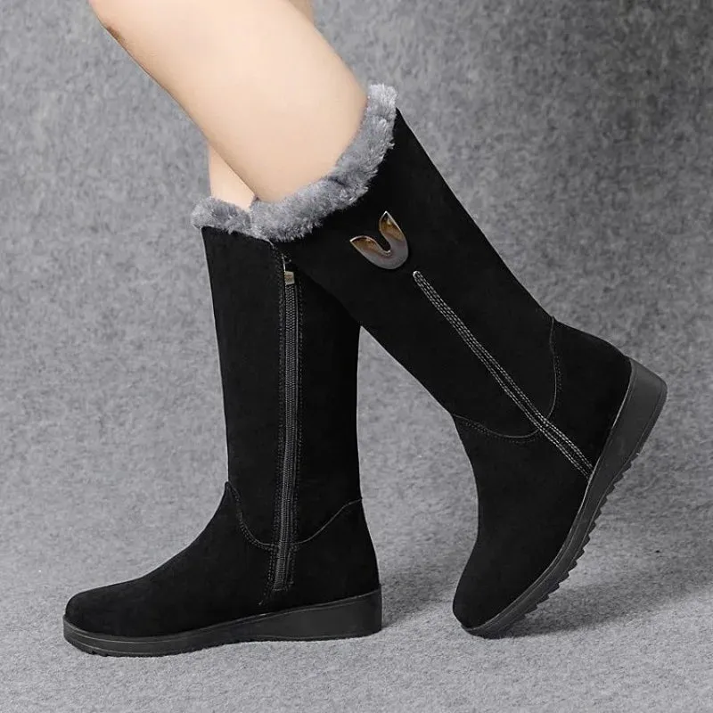 Chelsea High Fur Boots Winter Shoes for Women Chunky Mid-calf Plush Snow Flat Boots ZIP