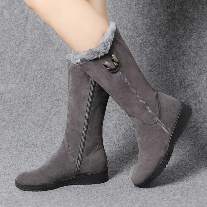 Chelsea High Fur Boots Winter Shoes for Women Chunky Mid-calf Plush Snow Flat Boots ZIP