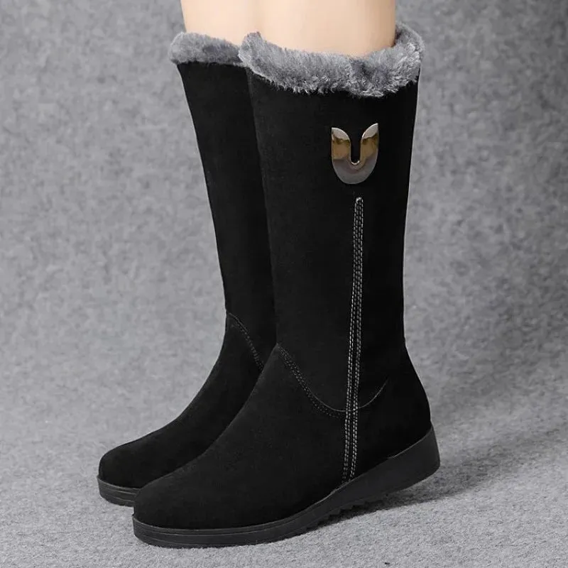 Chelsea High Fur Boots Winter Shoes for Women Chunky Mid-calf Plush Snow Flat Boots ZIP