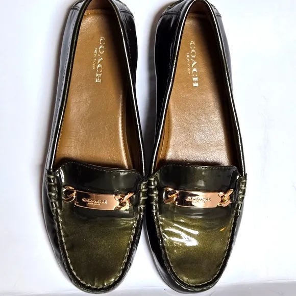 Coach metallic olive green slip on loafer size 6with gold hardware