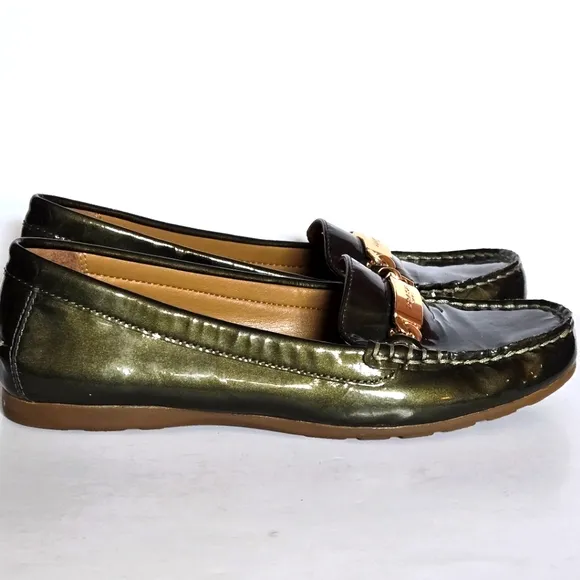 Coach metallic olive green slip on loafer size 6with gold hardware