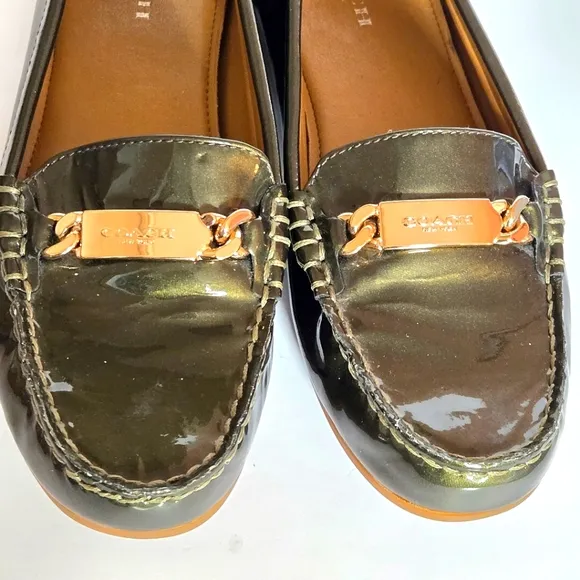 Coach metallic olive green slip on loafer size 6with gold hardware