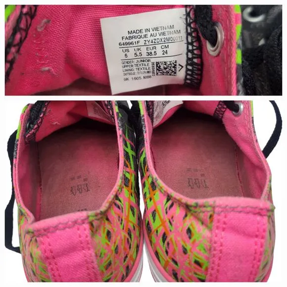 Converse All Star Shoes Juniors 6 Black Neon Green Pink Retro Punk Low Tops