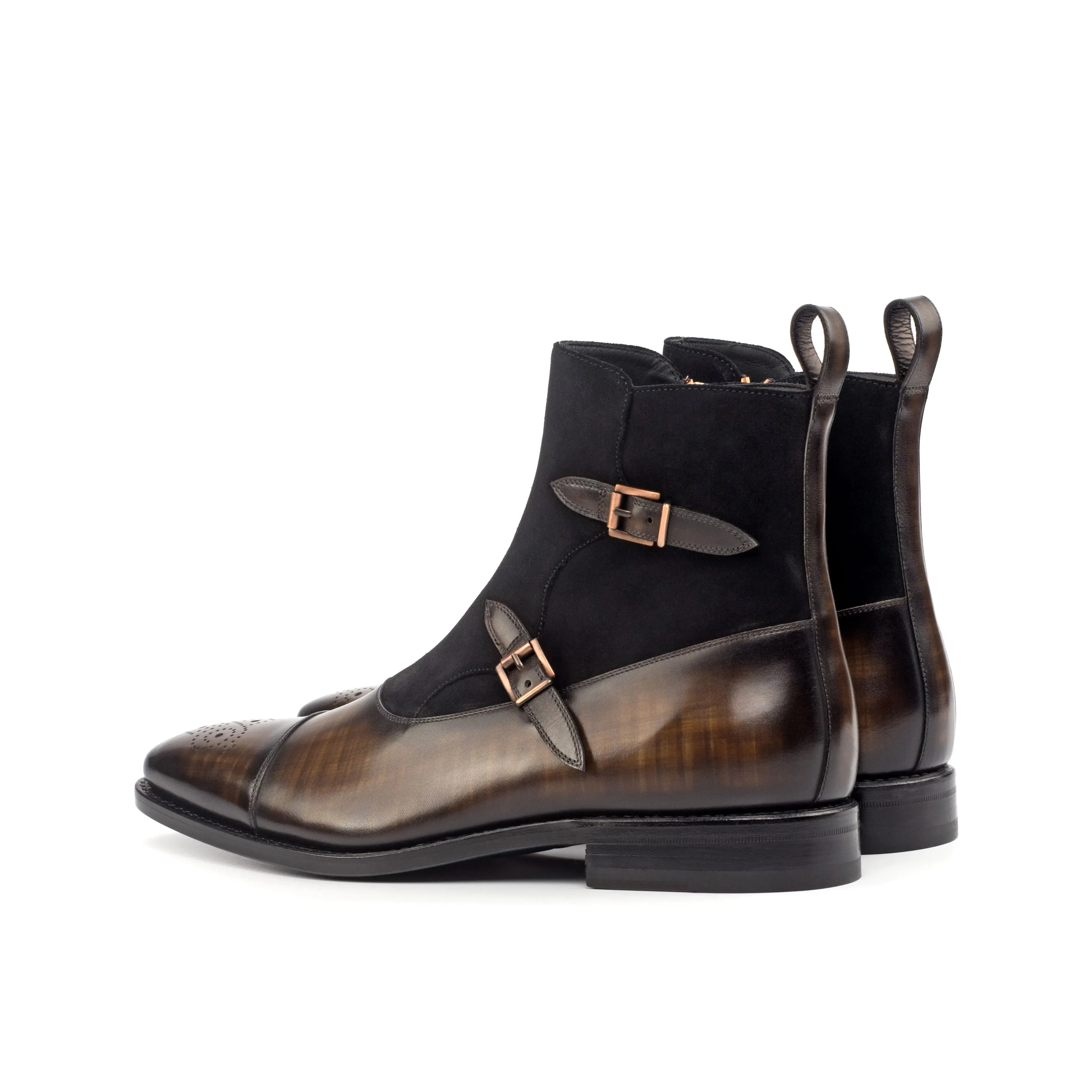DapperFam Octavian in Brown / Black Men's Lux Suede & Hand-Painted Patina Buckle Boot