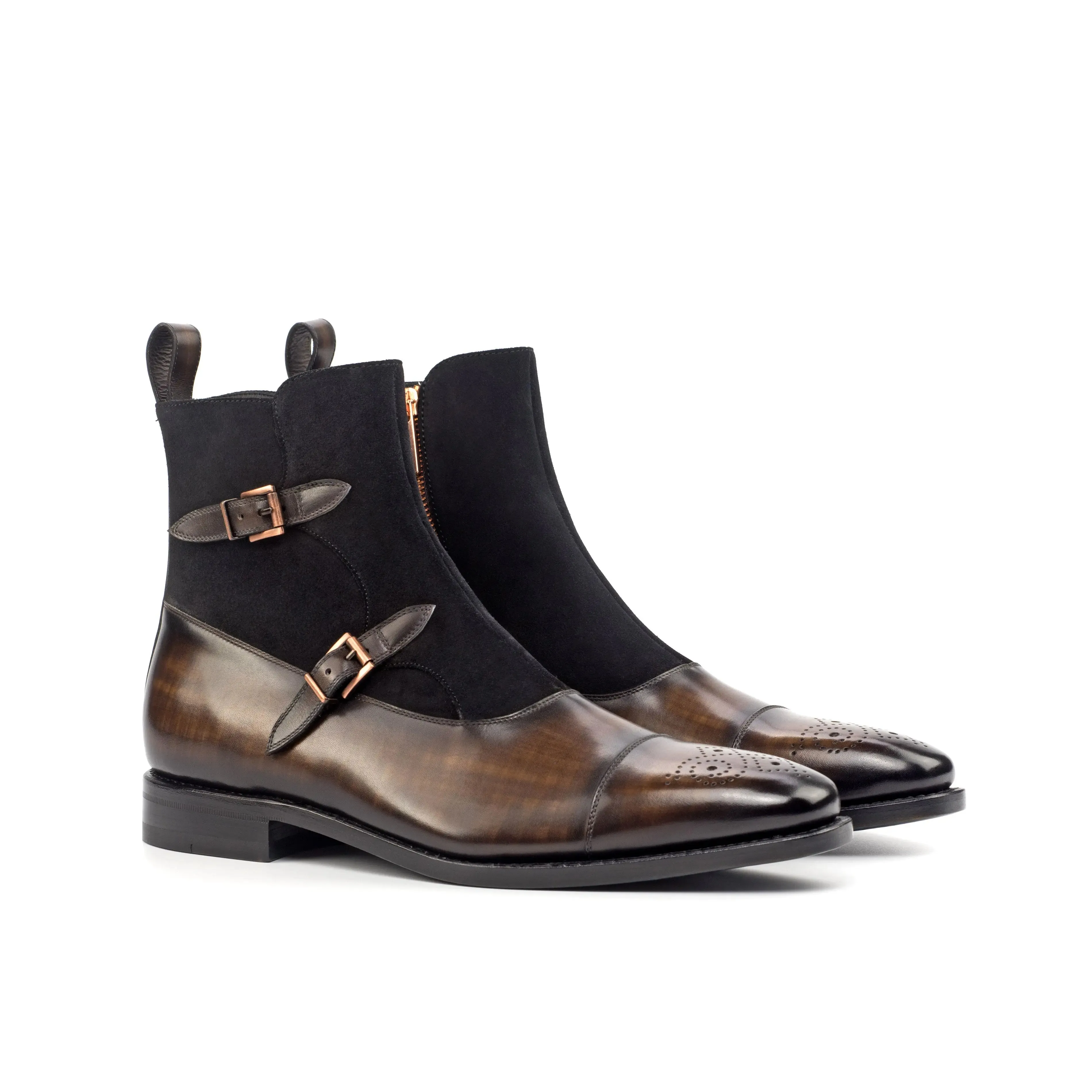 DapperFam Octavian in Brown / Black Men's Lux Suede & Hand-Painted Patina Buckle Boot
