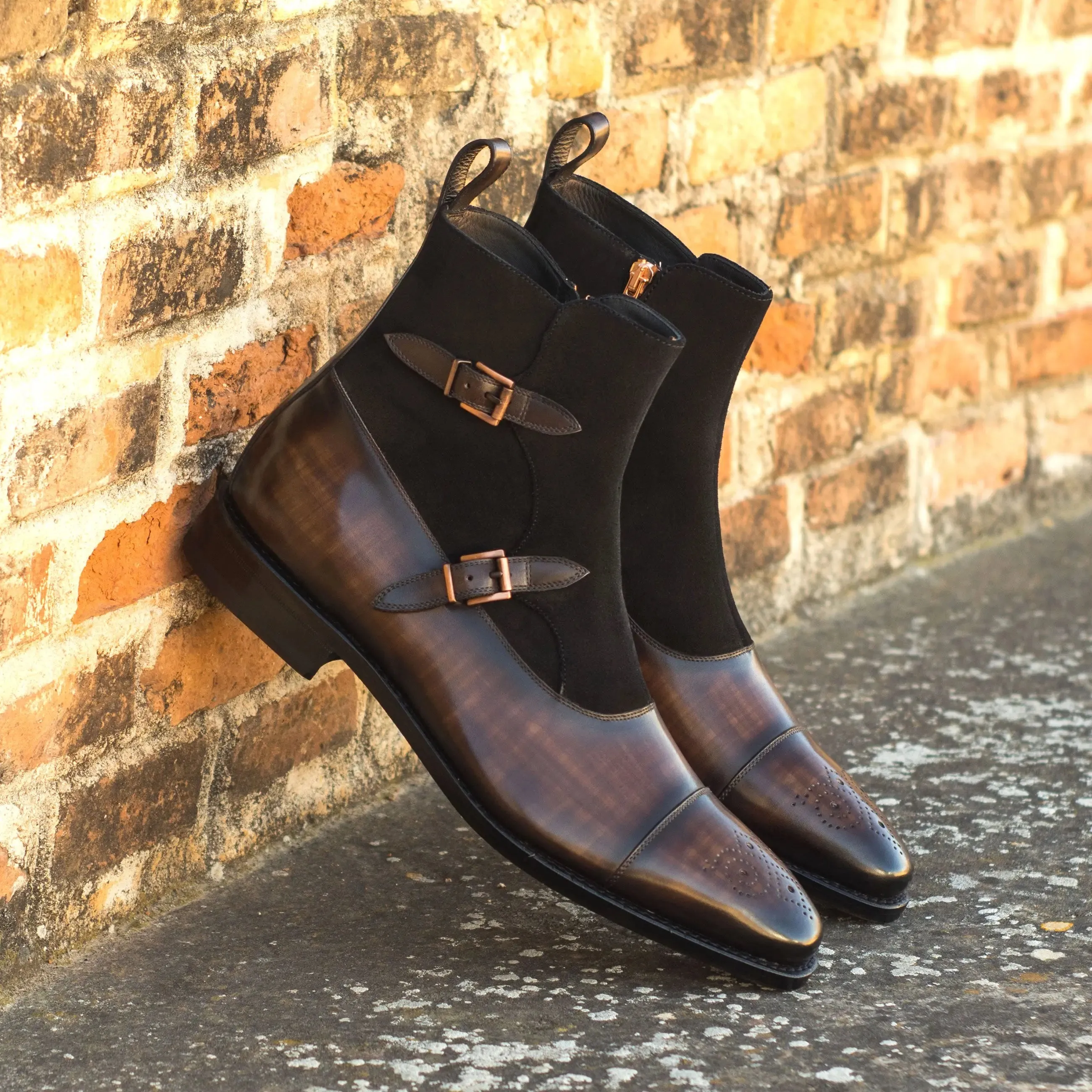 DapperFam Octavian in Brown / Black Men's Lux Suede & Hand-Painted Patina Buckle Boot