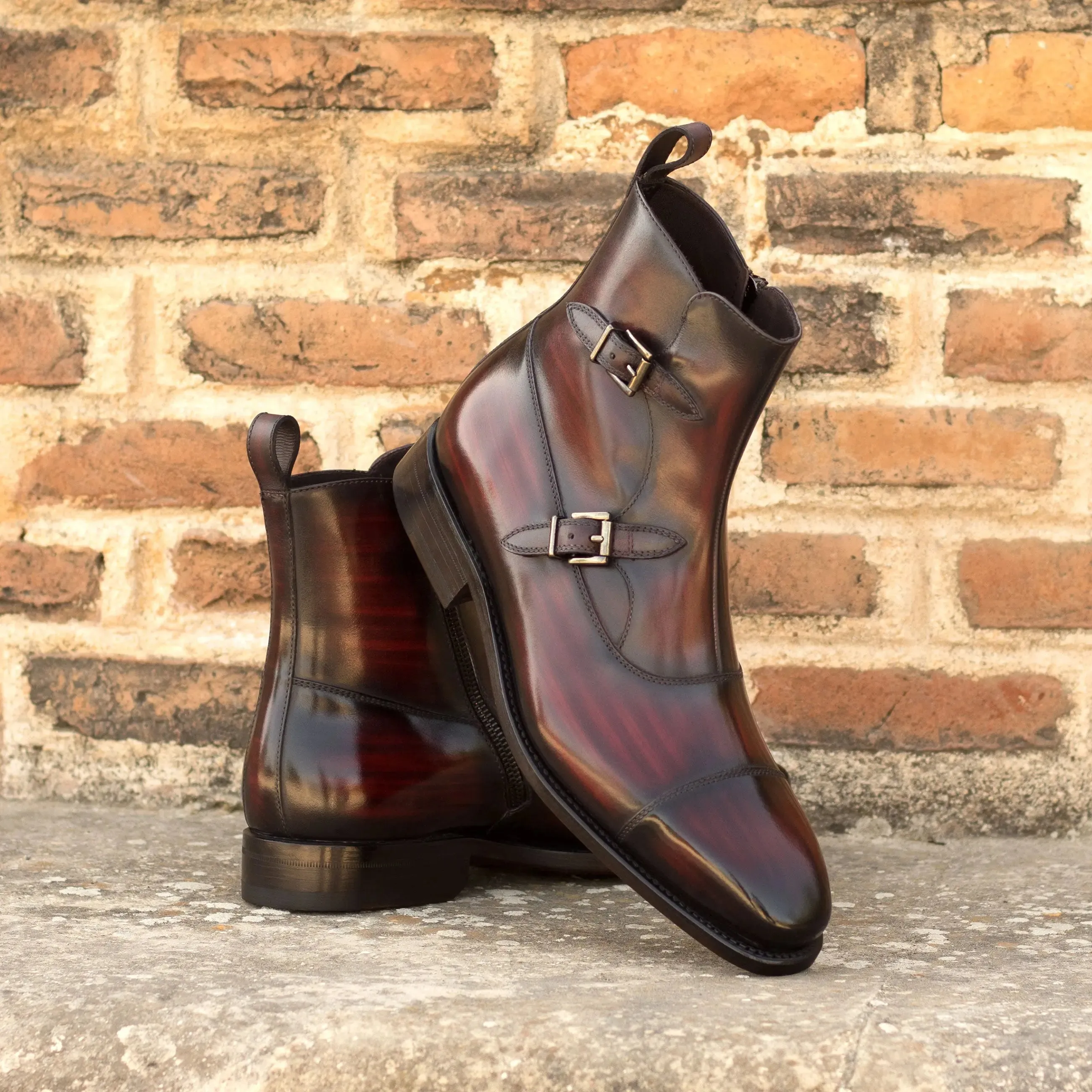 DapperFam Octavian in Burgundy Men's Hand-Painted Patina Buckle Boot