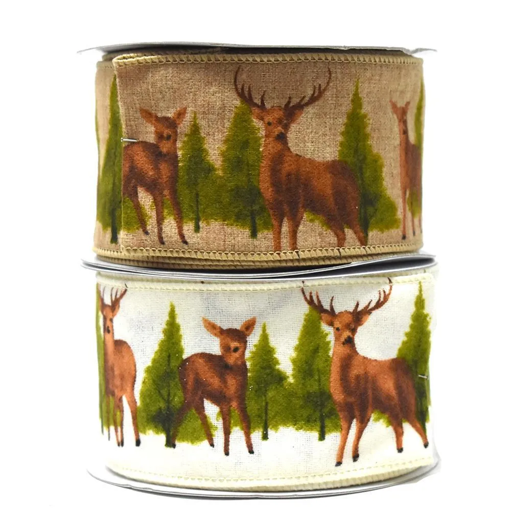 Deer and Trees Woodlands Christmas Wired Ribbon, 2-1/2-Inch, 10-Yard