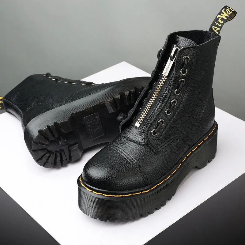 Dr Cross-Border Martin Boots Women's Boots Front Zip Platform Leather Boots Men's Couple First Layer Cowhide Lychee Pattern HOTan and NEWn Women's Ankle Boots