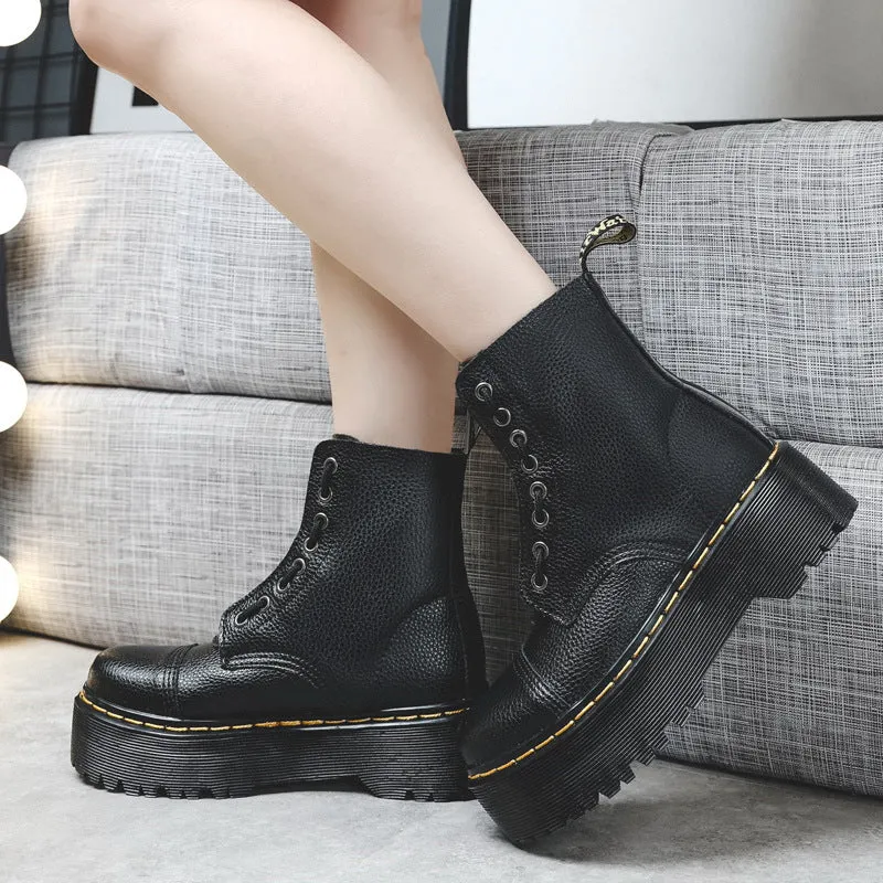 Dr Cross-Border Martin Boots Women's Boots Front Zip Platform Leather Boots Men's Couple First Layer Cowhide Lychee Pattern HOTan and NEWn Women's Ankle Boots