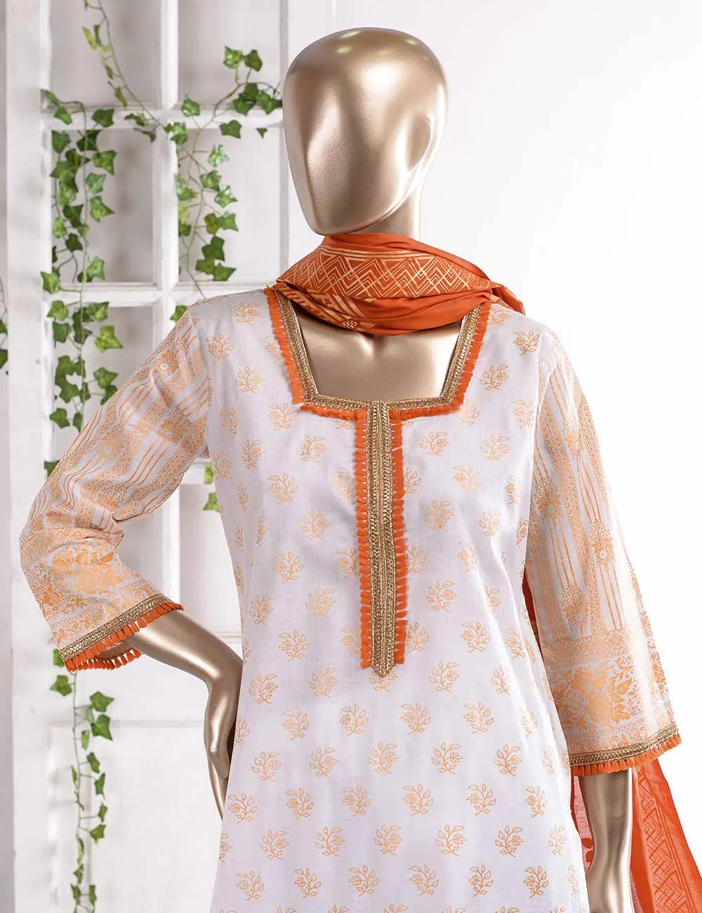 FM-5A - Golden Era | 3 Pc Unstitched Gold Printed Lawn Dress