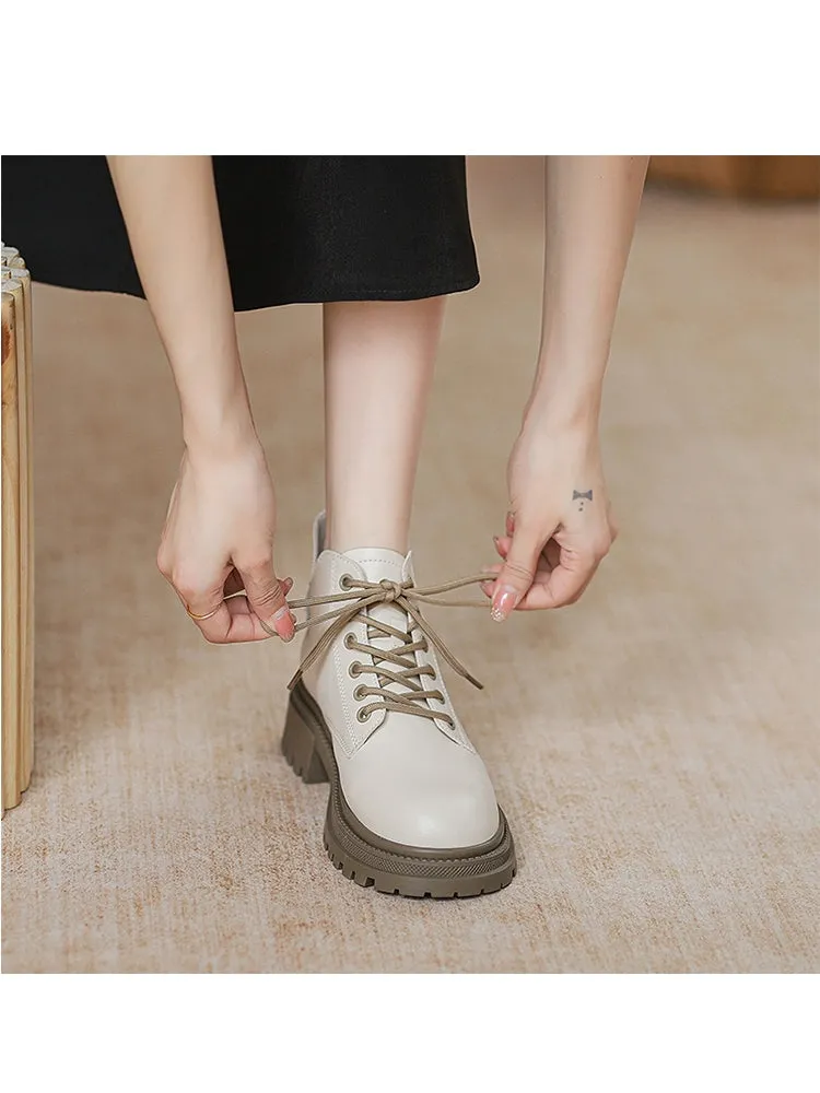 Genuine Leather Brown Small Martin Boots Women 2024 Autumn and Winter British Style Thick Bottom Fleece-lined Ankle Boots Short Tube Beige Boots