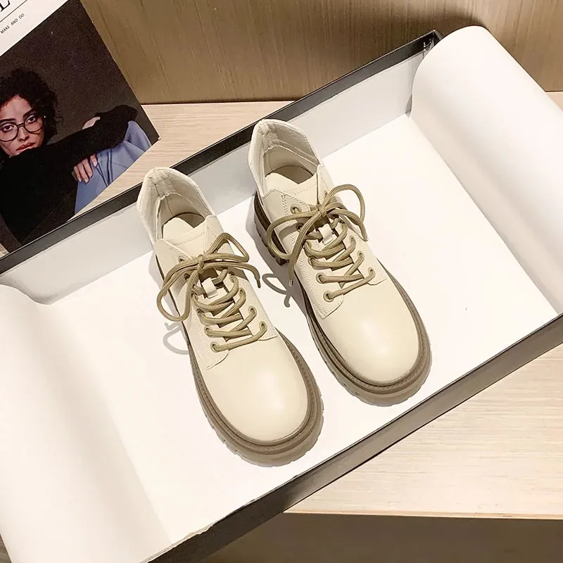 Genuine Leather Brown Small Martin Boots Women 2024 Autumn and Winter British Style Thick Bottom Fleece-lined Ankle Boots Short Tube Beige Boots