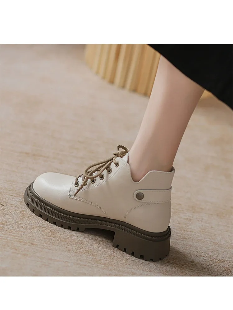 Genuine Leather Brown Small Martin Boots Women 2024 Autumn and Winter British Style Thick Bottom Fleece-lined Ankle Boots Short Tube Beige Boots