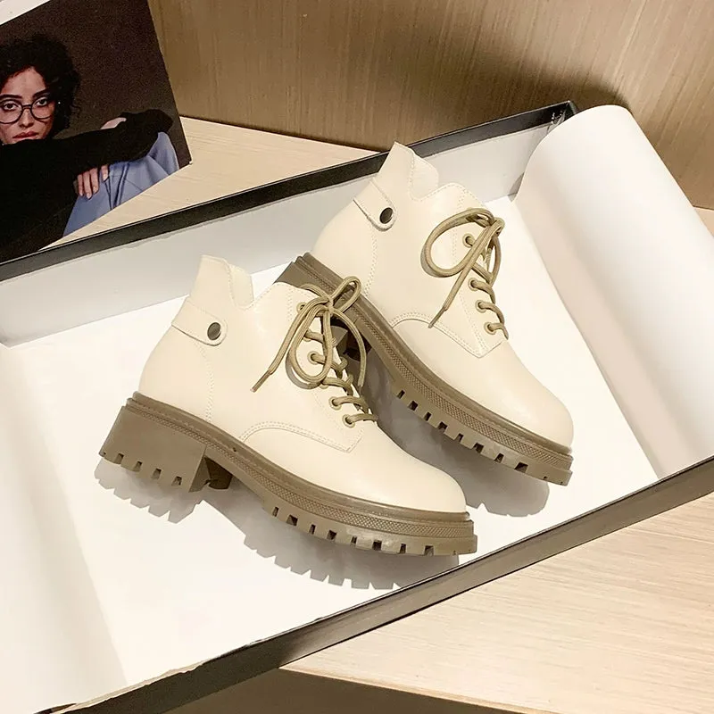 Genuine Leather Brown Small Martin Boots Women 2024 Autumn and Winter British Style Thick Bottom Fleece-lined Ankle Boots Short Tube Beige Boots